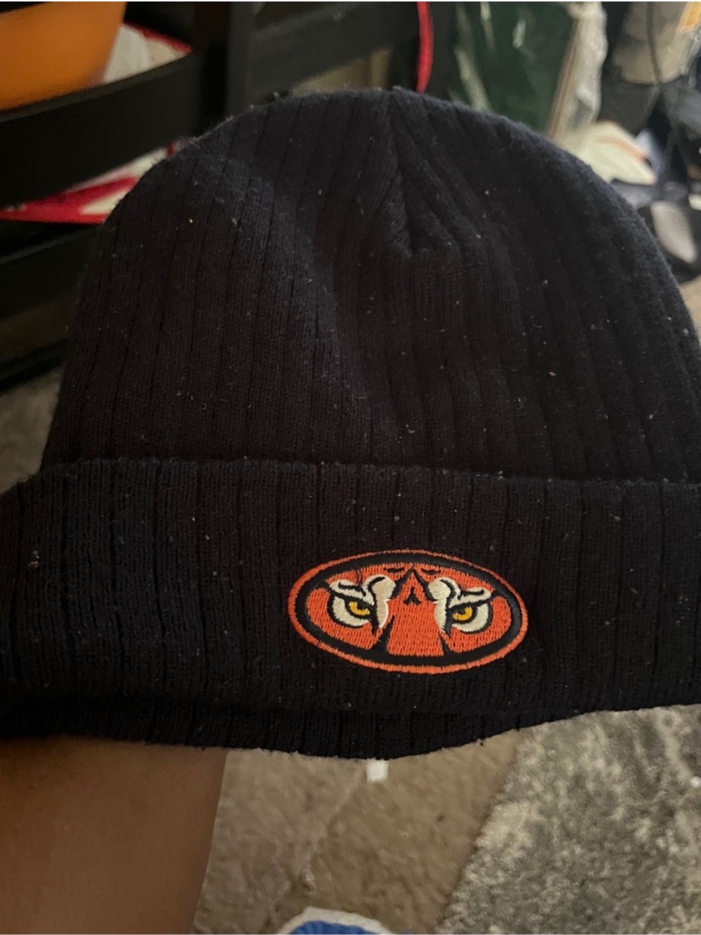 Men's Black Knit Beanie with Orange Tiger Emblem